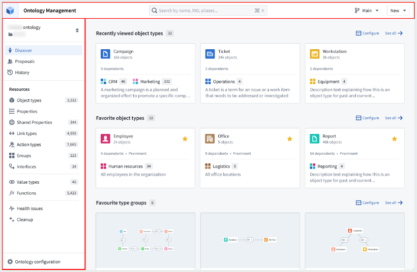Ontology Manager 화면: 상단 바, 사이드바, Discover 뷰